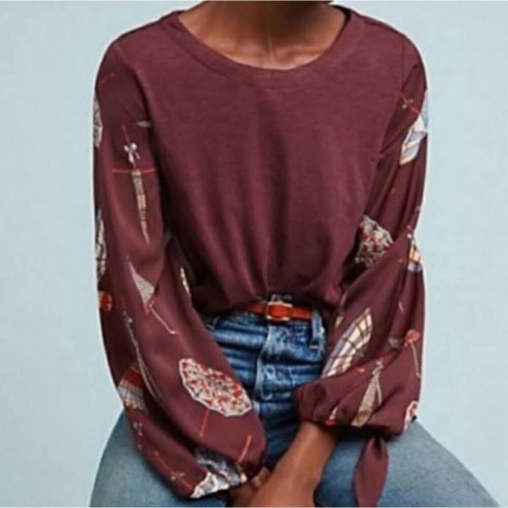 Anthropologie Akemi + Kin Women's Brown Balloon Tie Sleeve Umbrella Print Top